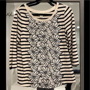 maeve (anthropologie) navy and cream striped shirt with flower panel, size M